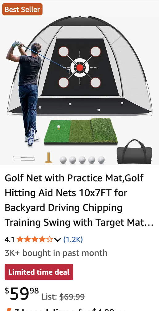Golfer swinging into a backyard golf practice net with a target board, practice mats, balls, and a carrying bag nearby